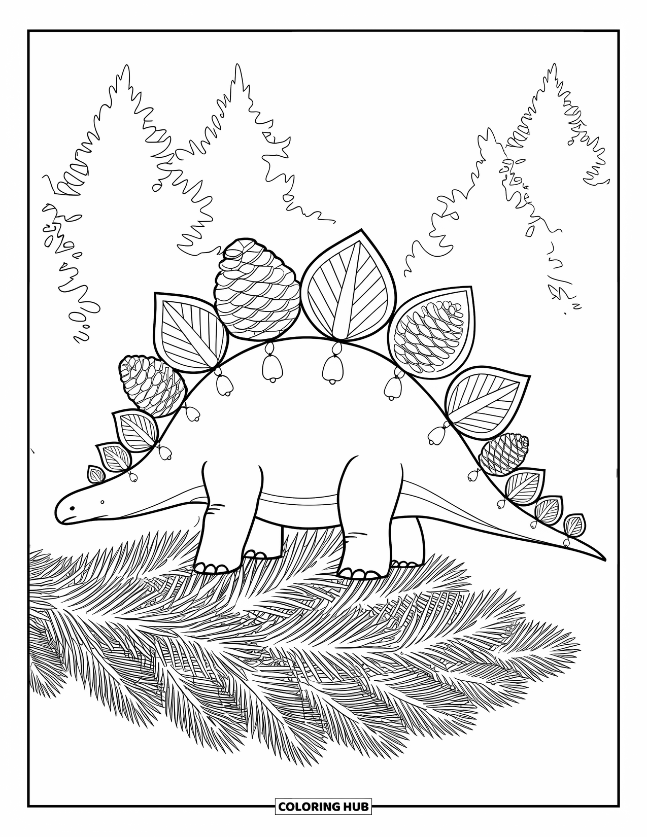 Christmas Dinosaur Coloring Page for Adults: A Stegosaurus with mandala petals stands near Christmas trees