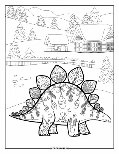 Vánoční omalovánka dinosaura pro dospělé: Stegosaurus s mandalovými lístky ze šišek v zasněžené vesnici
