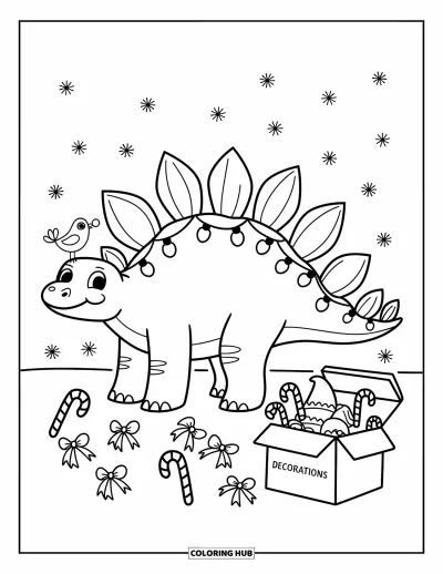 Vánoční omalovánka dinosaura pro dospělé: Stegosaurus se světýlky na zádech vesele stojí ve sněhu