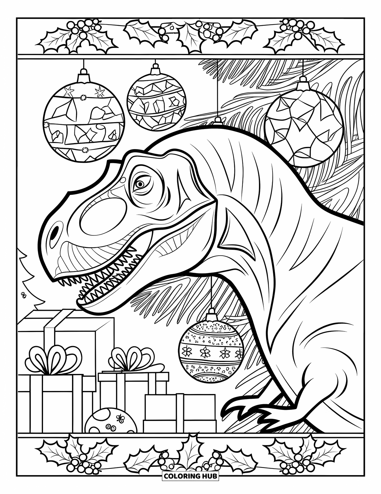 Christmas Dinosaur Coloring Page for Adults: A T-Rex in profile with ornaments, a wreath, and a tree