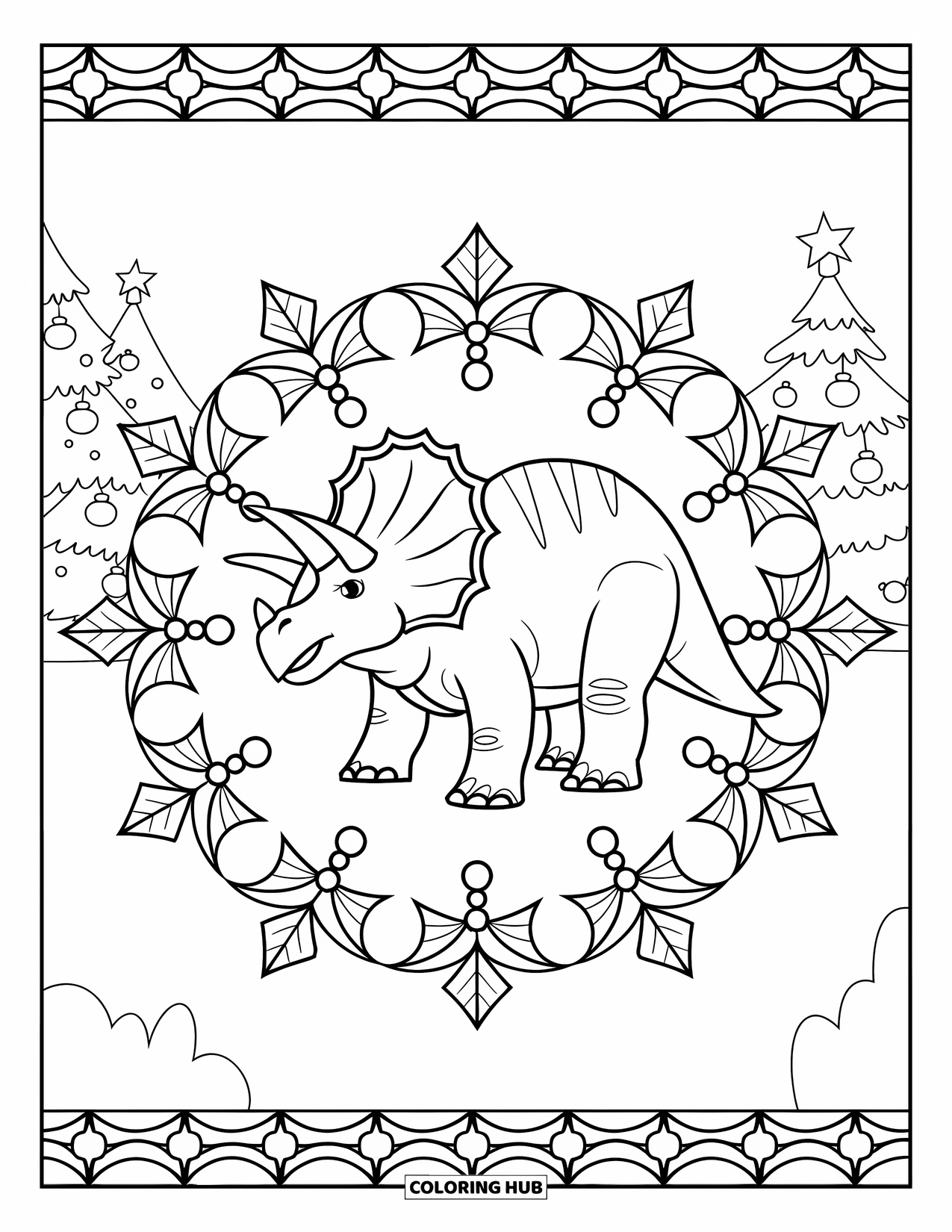 Christmas Dinosaur Coloring Page for Adults: A Triceratops framed by holly mandalas and Christmas trees