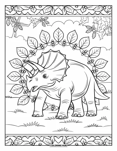 Vánoční omalovánka dinosaura pro dospělé: Triceratops obklopený cesmínovými mandalami na travnatém terénu