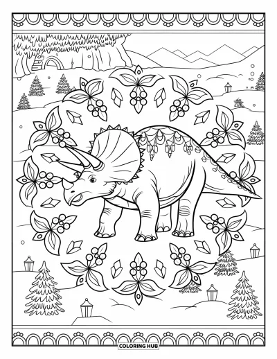 Vánoční omalovánka dinosaura pro dospělé: Triceratops s cesmínovými mandalami v zasněžené slavnostní scéně