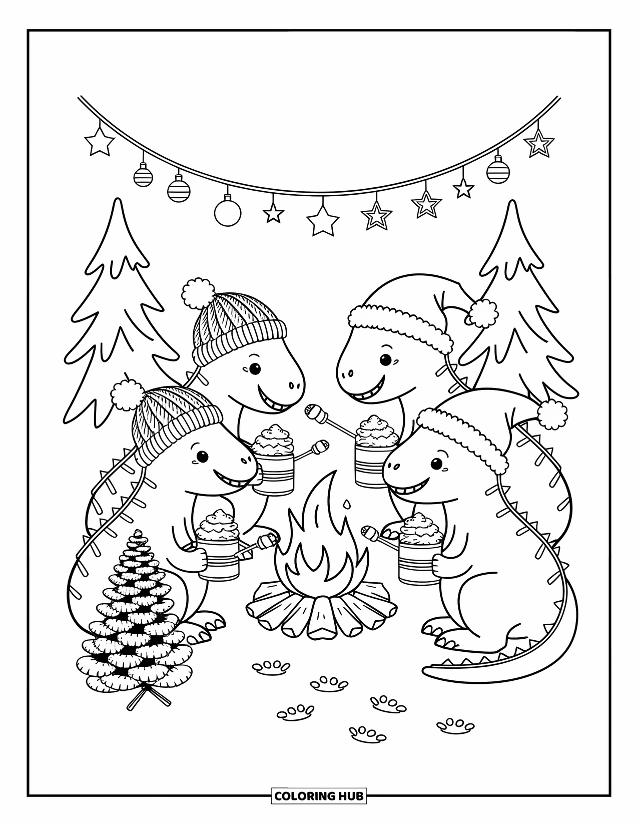 Christmas Dinosaur Coloring Page for Adults: Dinosaurs gather around a campfire roasting marshmallows with mugs of cocoa