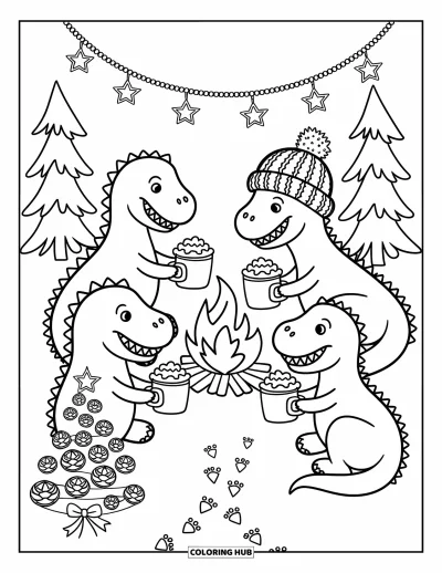 Vánoční omalovánka dinosaura pro dospělé: Dinosauři v pletených čepicích opékají marshmallows u táboráku v zasněženém lese