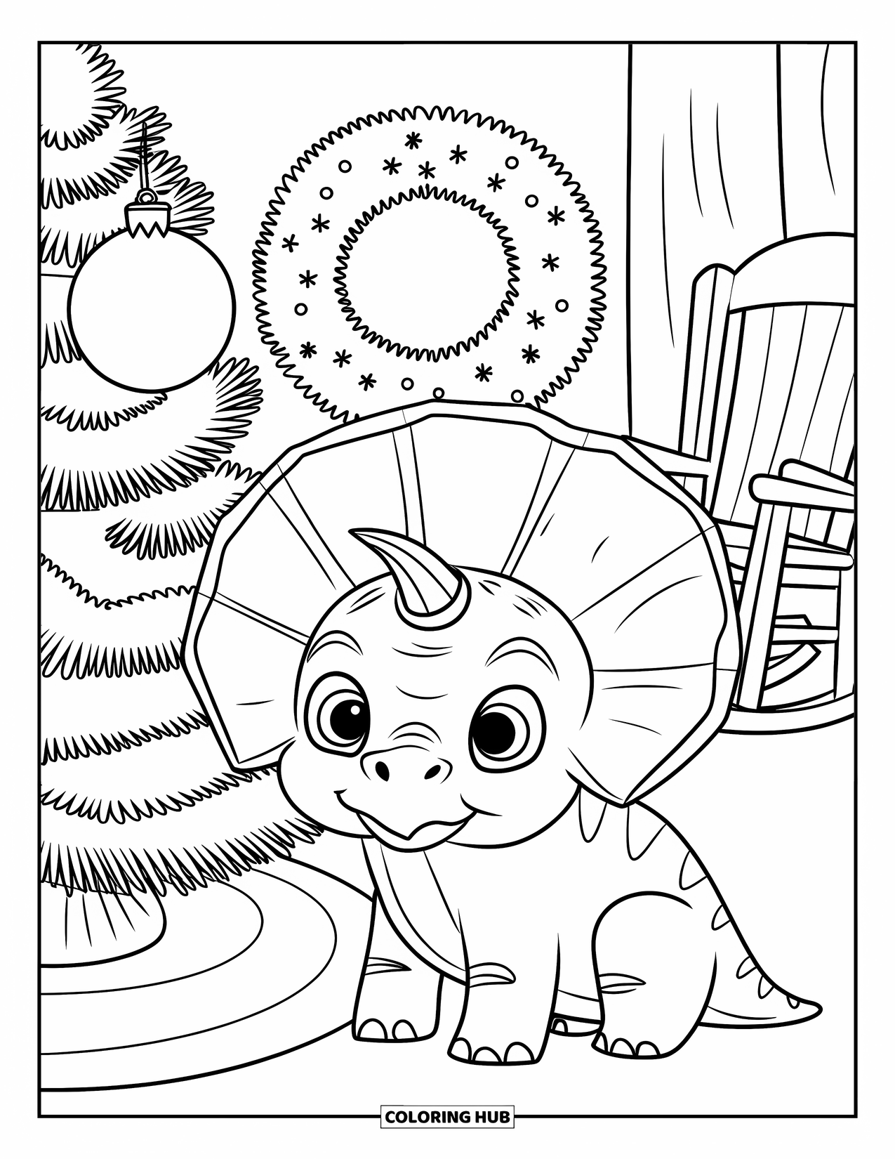 Christmas Dinosaur Coloring Page for Kids: A baby Triceratops beside a tree with a wreath in a cozy room