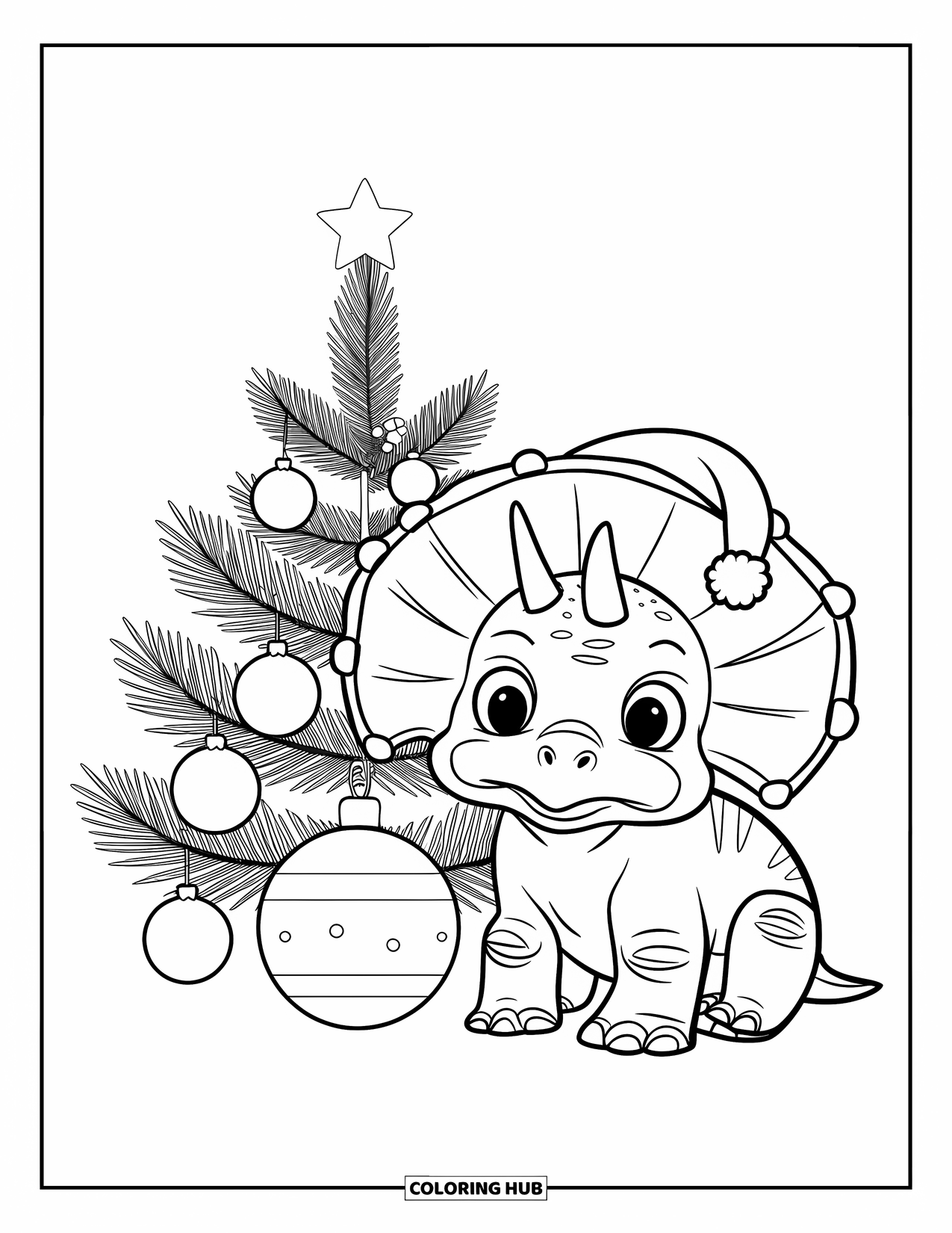Christmas Dinosaur Coloring Page for Kids: A baby Triceratops in a Santa hat beside a decorated Christmas tree