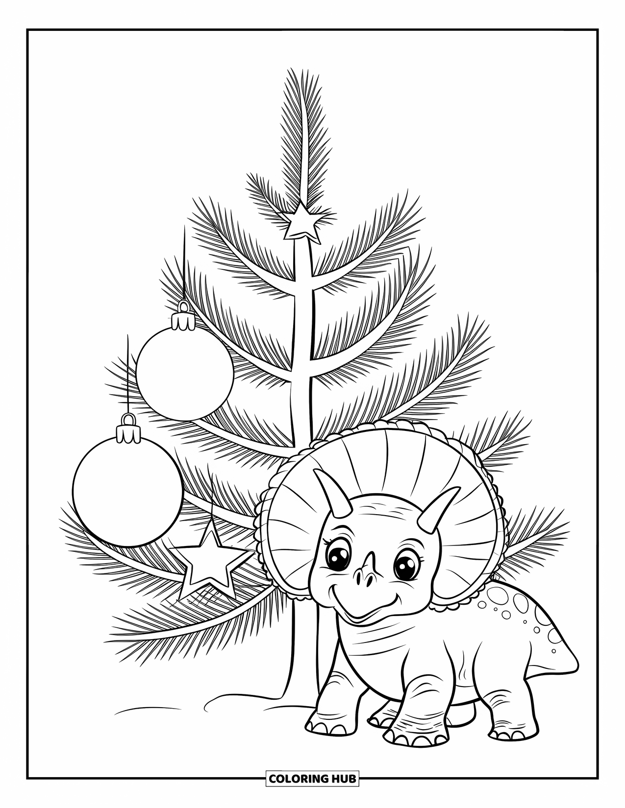 Christmas Dinosaur Coloring Page for Kids: A baby Triceratops sitting by a Christmas tree with a large ornament