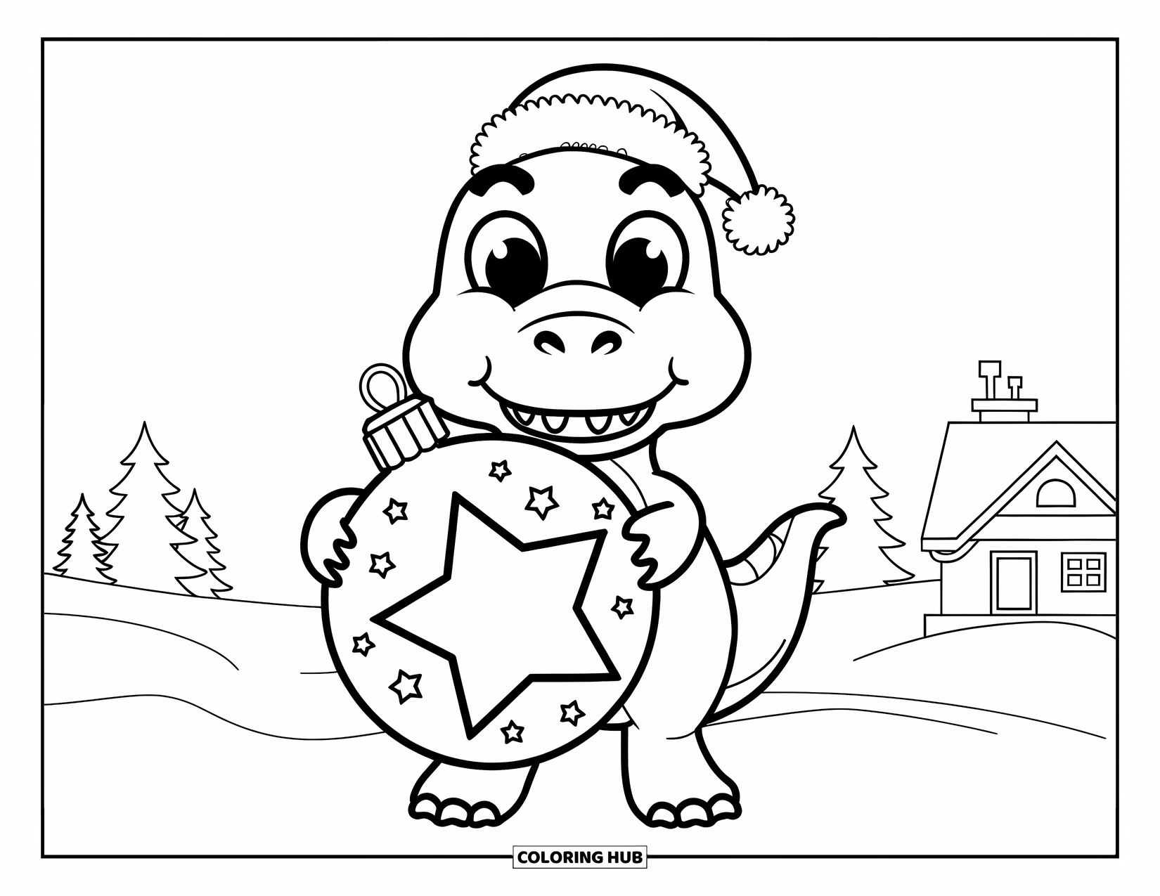 Christmas Dinosaur Coloring Page for Kids: A big-eyed T-Rex holding a star ornament near snowy trees