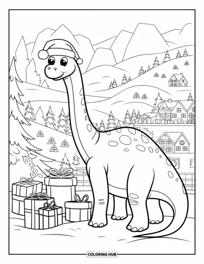Vánoční omalovánka dinosaura pro děti: Brachiosaurus v čepici Ježíška se dívá na zasněžené údolí plné dárků