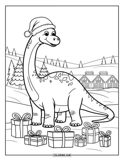 Vánoční omalovánka dinosaura pro děti: Brachiosaurus v čepici Ježíška obklopený dárky, domky a zasněženými stromy