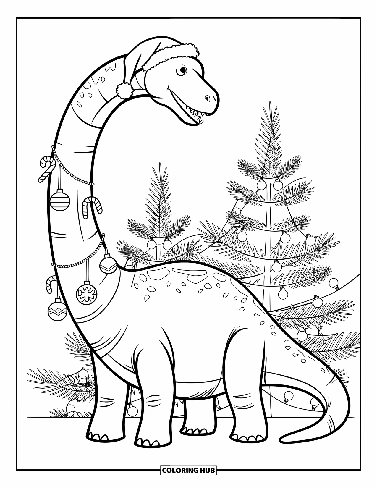 Christmas Dinosaur Coloring Page for Kids: A Brachiosaurus in a Santa hat with ornaments on its neck near a tree
