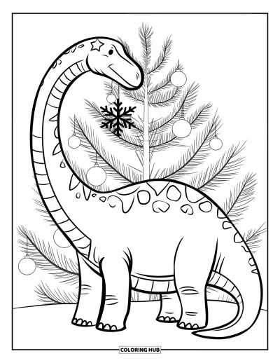Vánoční omalovánka dinosaura pro děti: Brachiosaurus s hvězdou na hlavě natahuje se po sněhové vločce