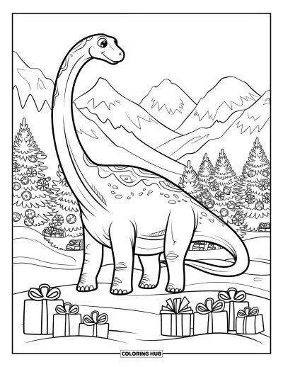 Vánoční omalovánka dinosaura pro děti: Brachiosaurus s krkem nataženým přes zasněžené hory a vánoční stromky