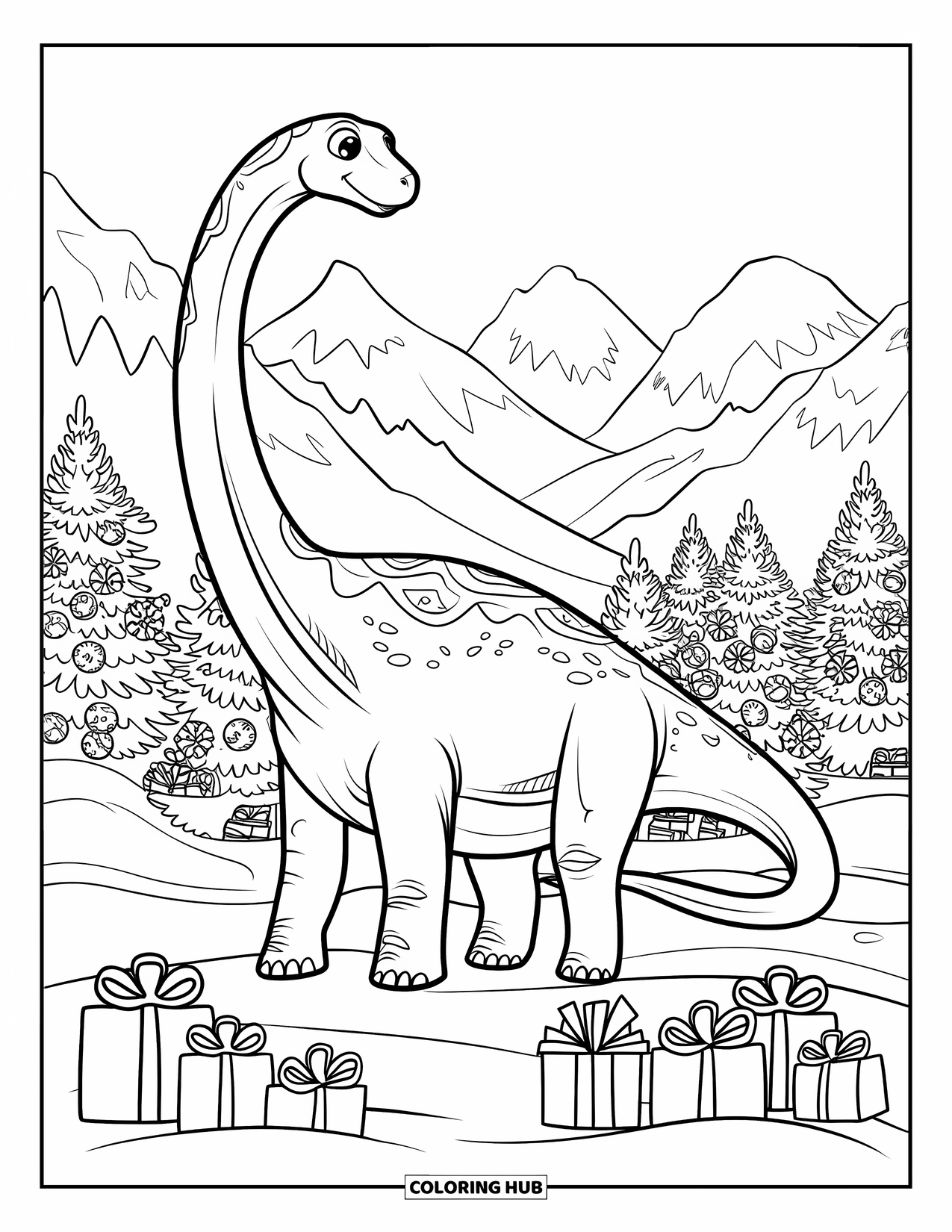 Christmas Dinosaur Coloring Page for Kids: A Brachiosaurus with its neck stretched over snowy mountains and Christmas trees