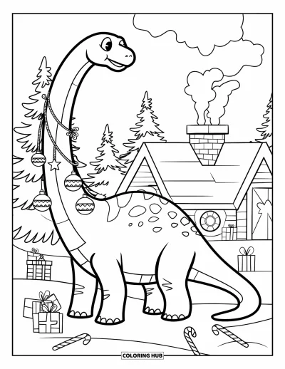 Vánoční omalovánka dinosaura pro děti: Brachiosaurus s ozdobami na krku u zasněžených stromů a chaty