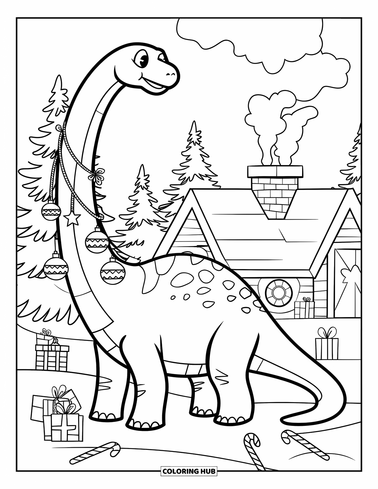 Christmas Dinosaur Coloring Page for Kids: A Brachiosaurus with ornaments hanging from its neck near snowy trees and cabin
