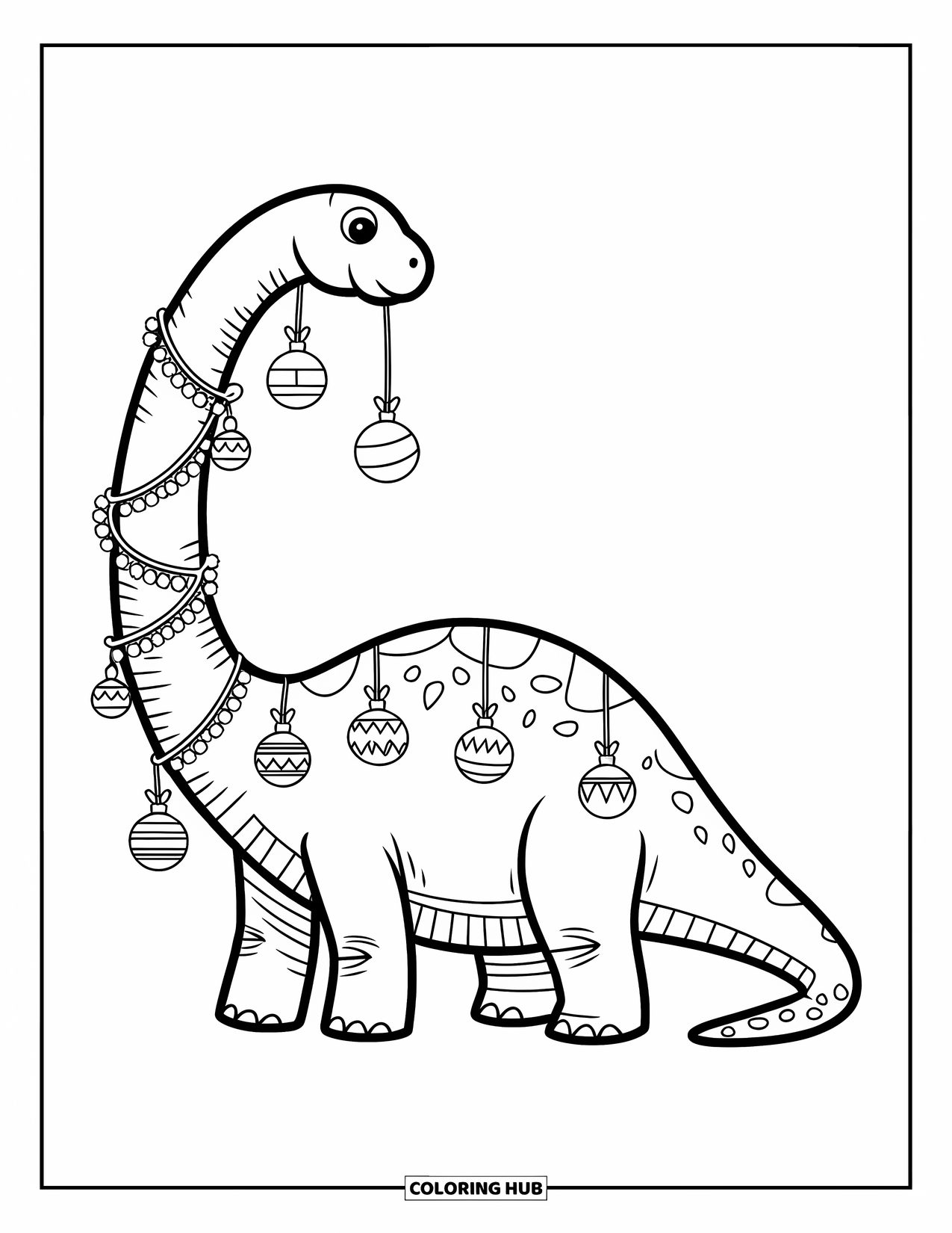 Christmas Dinosaur Coloring Page for Kids: A Brachiosaurus with ornaments hanging from its neck on a plain background
