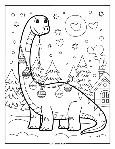 Vánoční omalovánka dinosaura pro děti: Brachiosaurus s ozdobami na krku u zasněžených stromů a hor