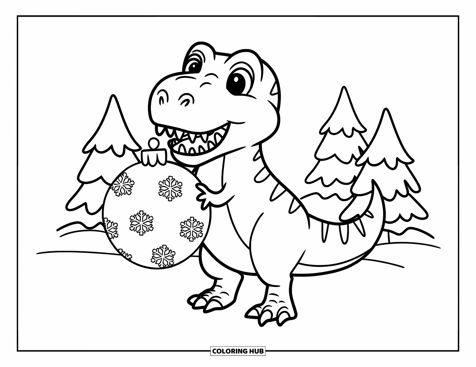 Christmas Dinosaur Coloring Page for Kids: A cute T-Rex holding a giant ornament in snowy trees