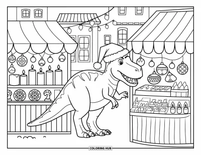 Vánoční omalovánka dinosaura pro děti: Dinosaurus na vánočním trhu u stánků s ozdobami a perníčky