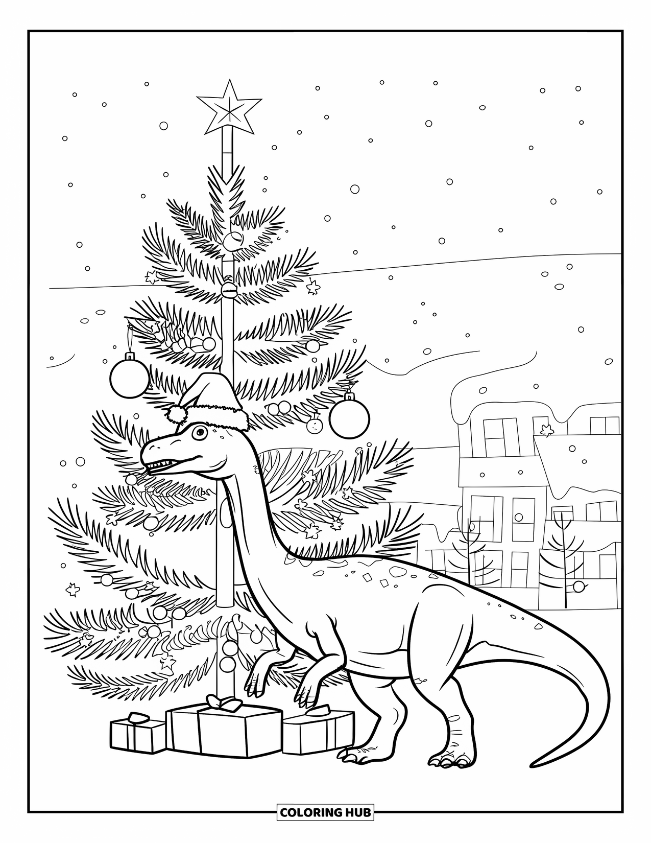 Christmas Dinosaur Coloring Page for Kids: A dinosaur in a Santa hat beside a decorated tree on a snowy night
