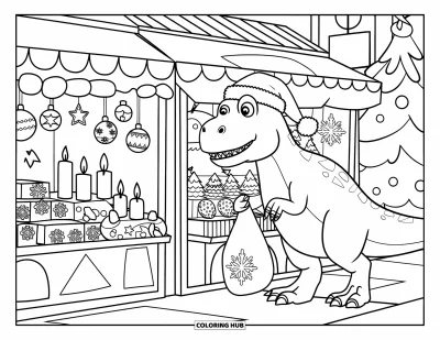 Vánoční omalovánka dinosaura pro děti: Dinosaurus v čepici Ježíška prochází stánky na zasněženém vánočním trhu