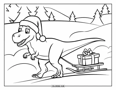 Vánoční omalovánka dinosaura pro děti: Dinosaurus v čepici Ježíška táhne sáně s dárkem