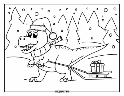 Vánoční omalovánka dinosaura pro děti: Dinosaurus v šále a čepici táhne sáně ve sněhu