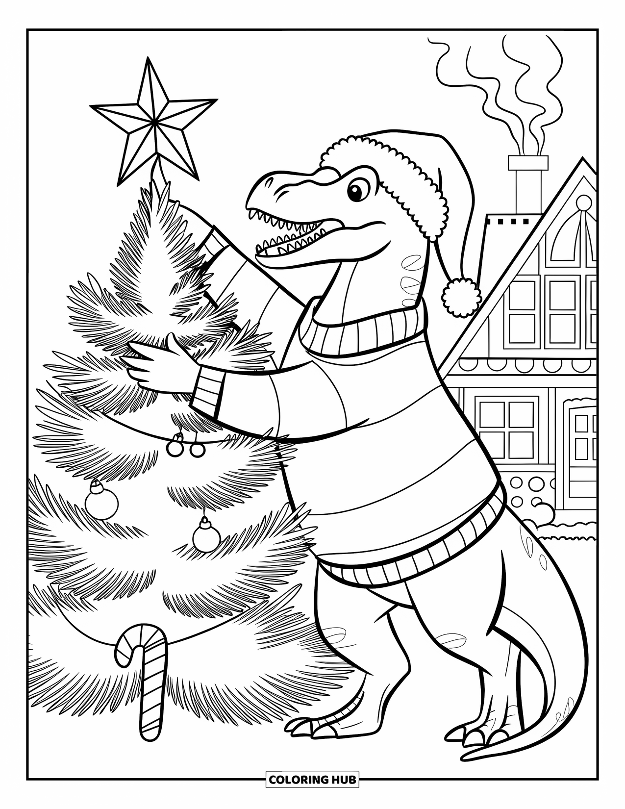 Christmas Dinosaur Coloring Page for Kids: A dinosaur in a striped sweater with a beard placing a star on a tree