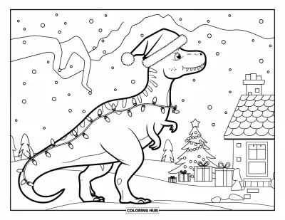 Vánoční omalovánka dinosaura pro děti: Dinosaurus s vánočními světýlky ovázanými kolem těla sleduje polární záři