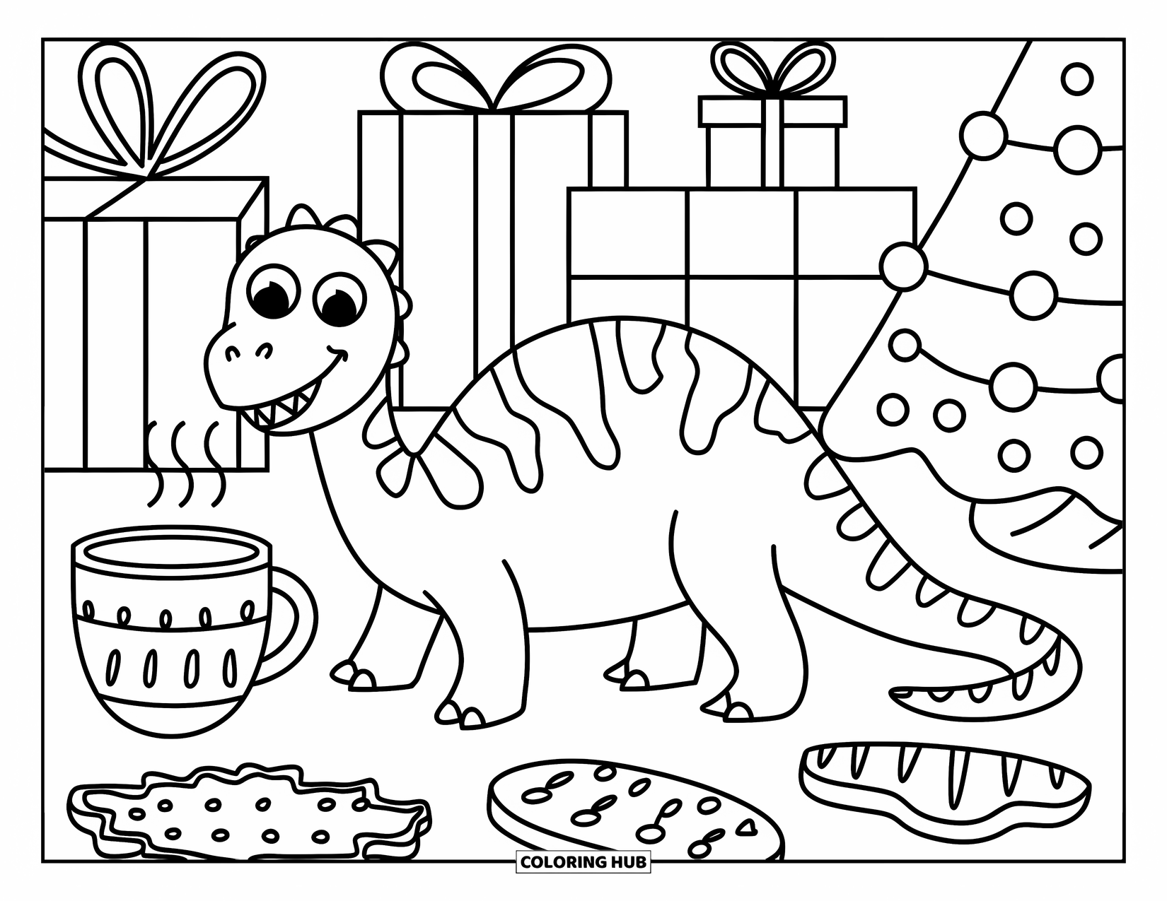 Christmas Dinosaur Coloring Page for Kids: A dinosaur with cookies, cocoa, and a Christmas tree in the background