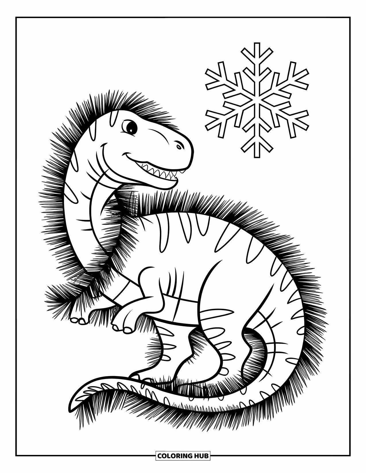 Christmas Dinosaur Coloring Page for Kids: A dinosaur wrapped in a garland under a snowflake on white ground