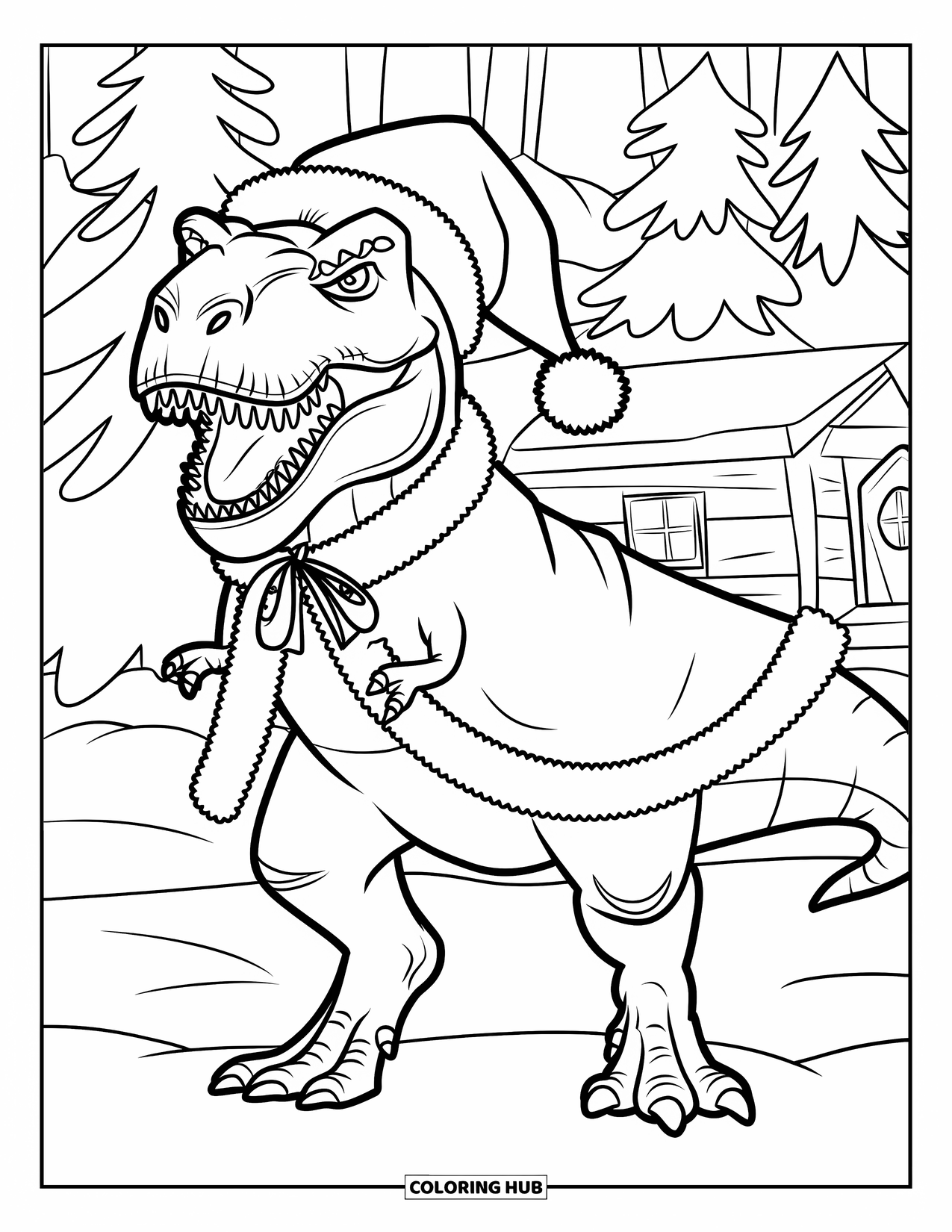 Christmas Dinosaur Coloring Page for Kids: A fierce T-Rex in a Santa cape standing in a snowy forest with a cabin
