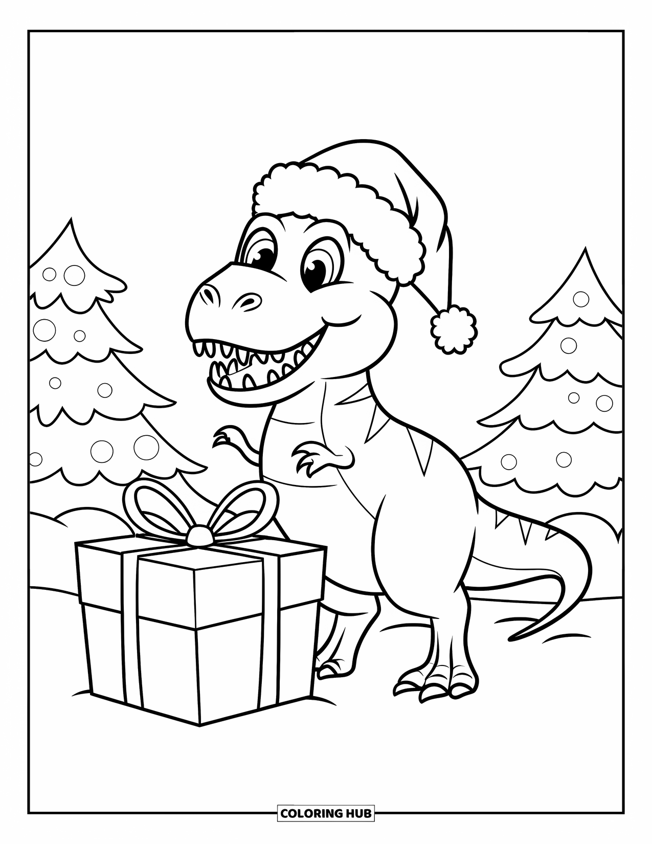 Christmas Dinosaur Coloring Page for Kids: A happy T-Rex in a Santa hat beside a big gift in snowy trees