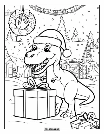 Vánoční omalovánka dinosaura pro děti: Šťastný T-Rex v čepici Ježíška stojí u dárku v zasněžené vesnici