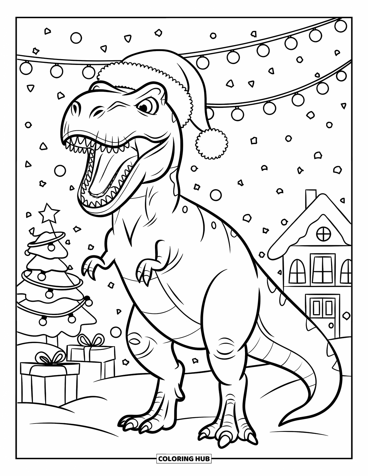Christmas Dinosaur Coloring Page for Kids: A roaring T-Rex in a Santa hat near a Christmas tree and snowy house
