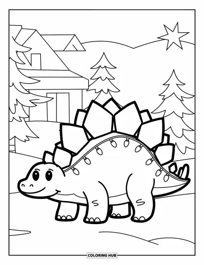 Vánoční omalovánka dinosaura pro děti: Usmívající se Stegosaurus se světýlky přehozenými přes záda v zasněžených stromech