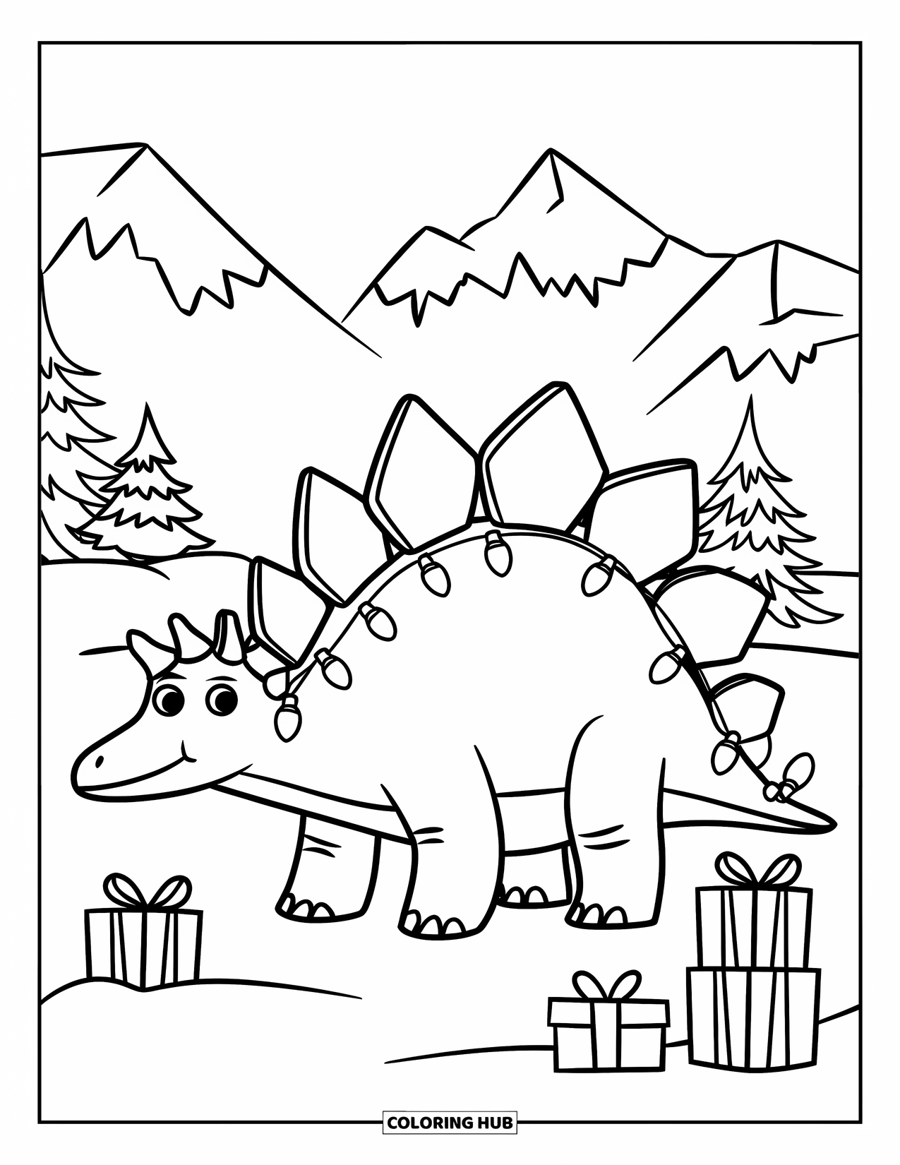 Christmas Dinosaur Coloring Page for Kids: A smiling Stegosaurus with lights on its back near snowy mountains