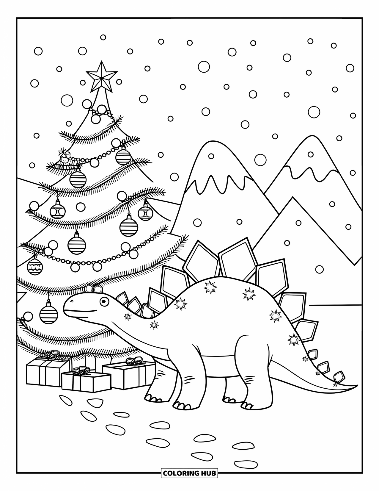 Christmas Dinosaur Coloring Page for Kids: A Stegosaurus decorating a snowy Christmas tree with ornaments