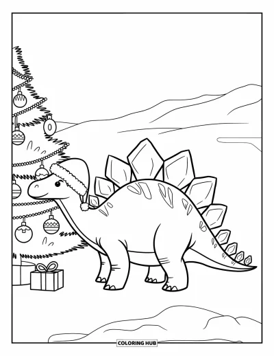 Vánoční omalovánka dinosaura pro děti: Stegosaurus v čepici Ježíška zdobí zasněžený vánoční stromek