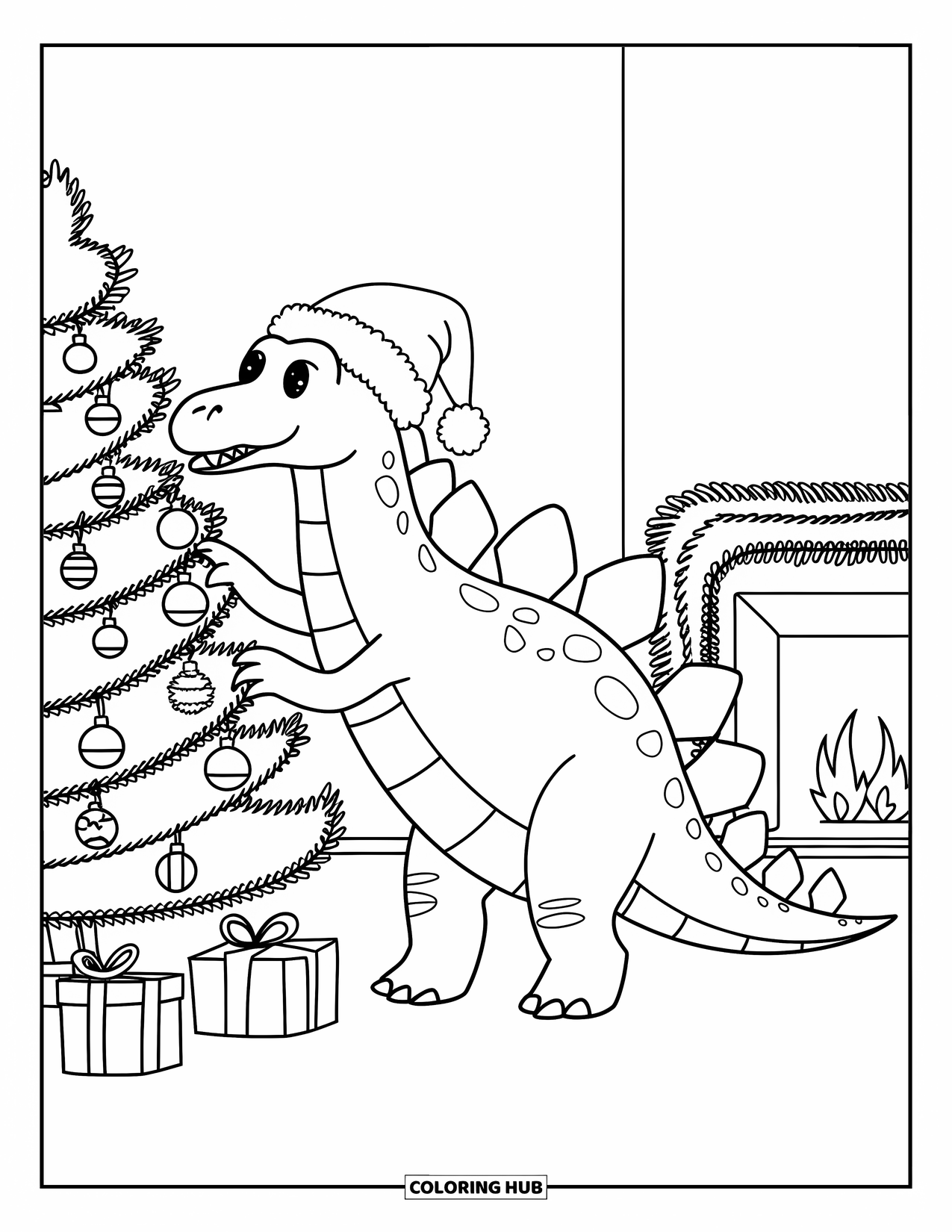 Christmas Dinosaur Coloring Page for Kids: A Stegosaurus in a Santa hat hanging ornaments on a tree