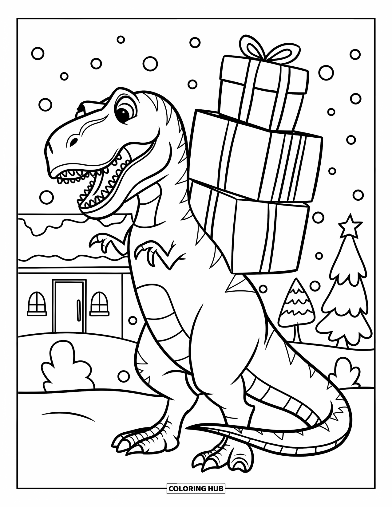 Christmas Dinosaur Coloring Page for Kids: A T-Rex balancing a stack of presents in its tiny arms in the snow