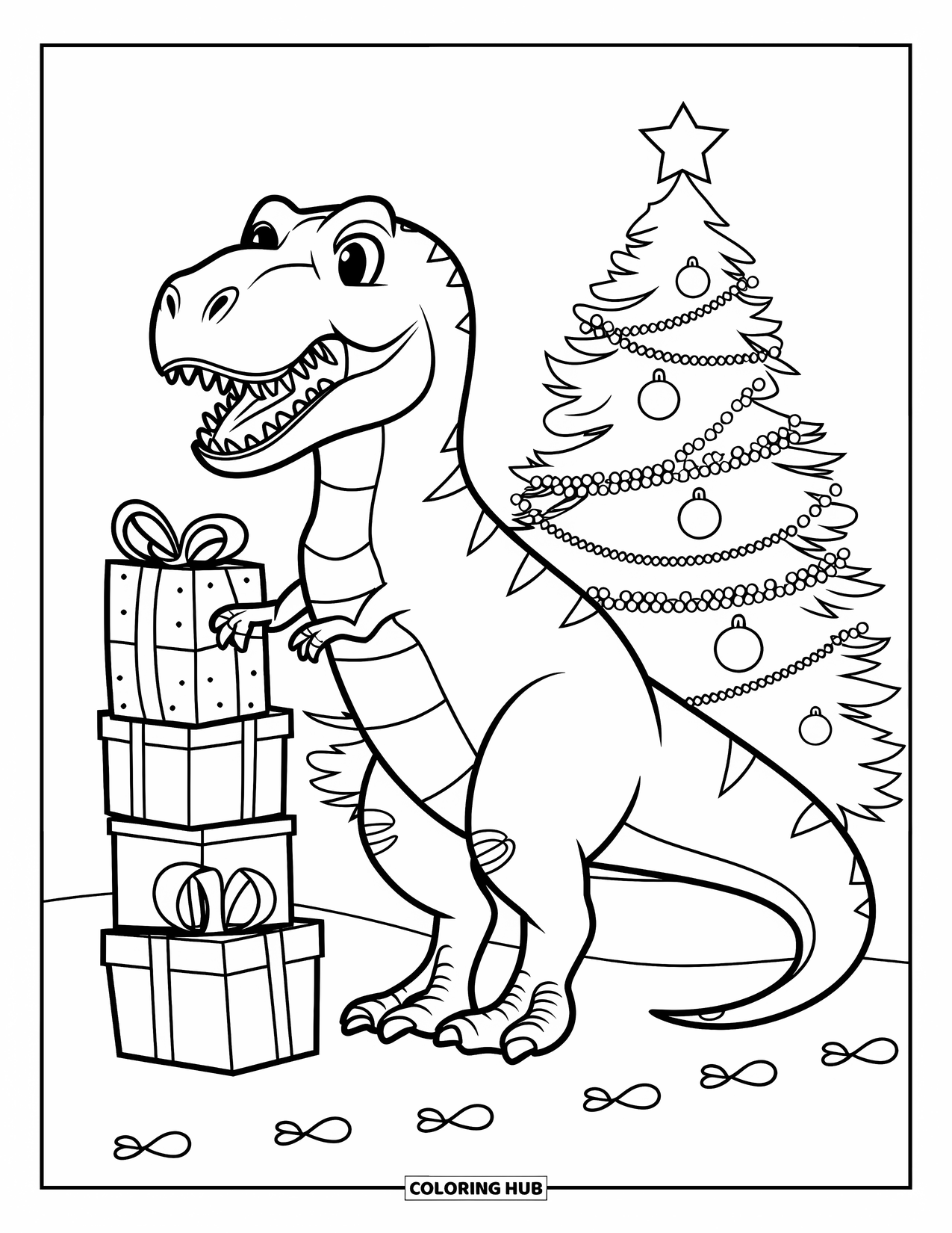Christmas Dinosaur Coloring Page for Kids: A T-Rex balancing wrapped presents in its arms near a Christmas tree