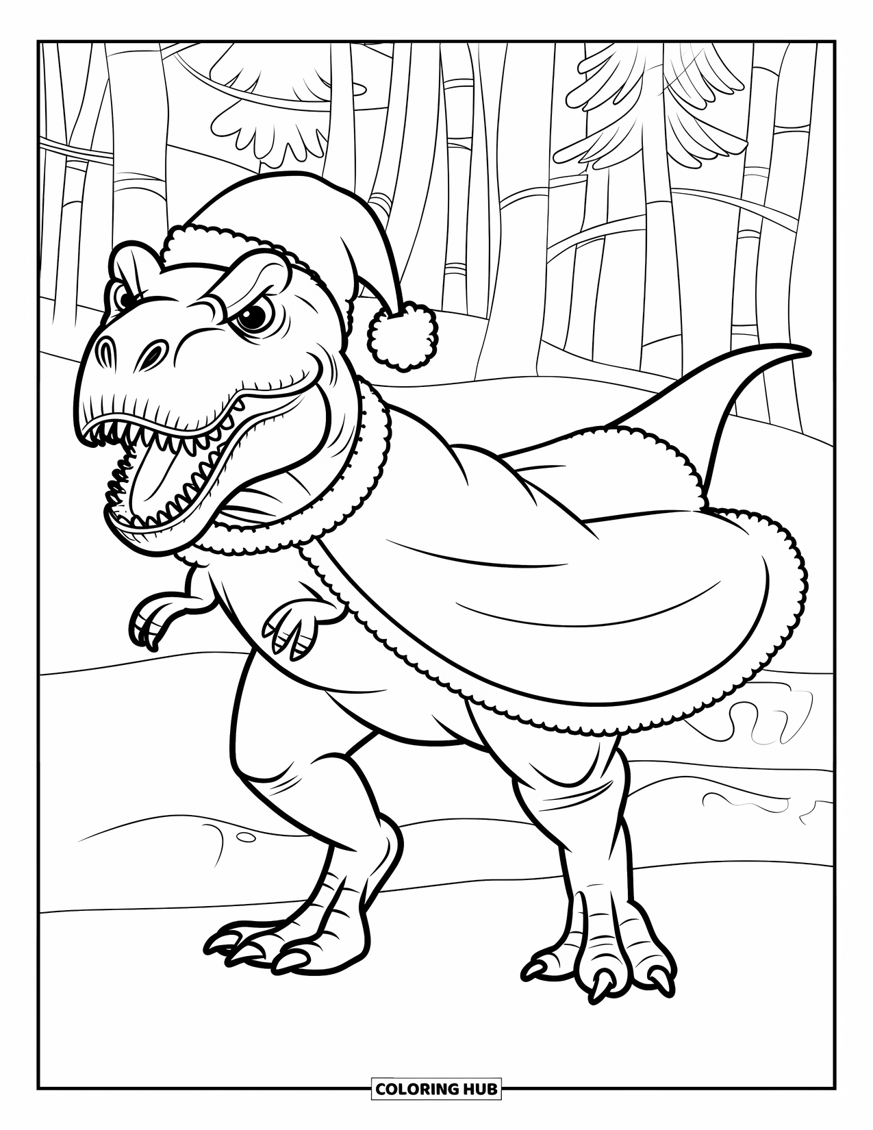 Christmas Dinosaur Coloring Page for Kids: A T-Rex in a Santa cape and red nose standing in a snowy forest