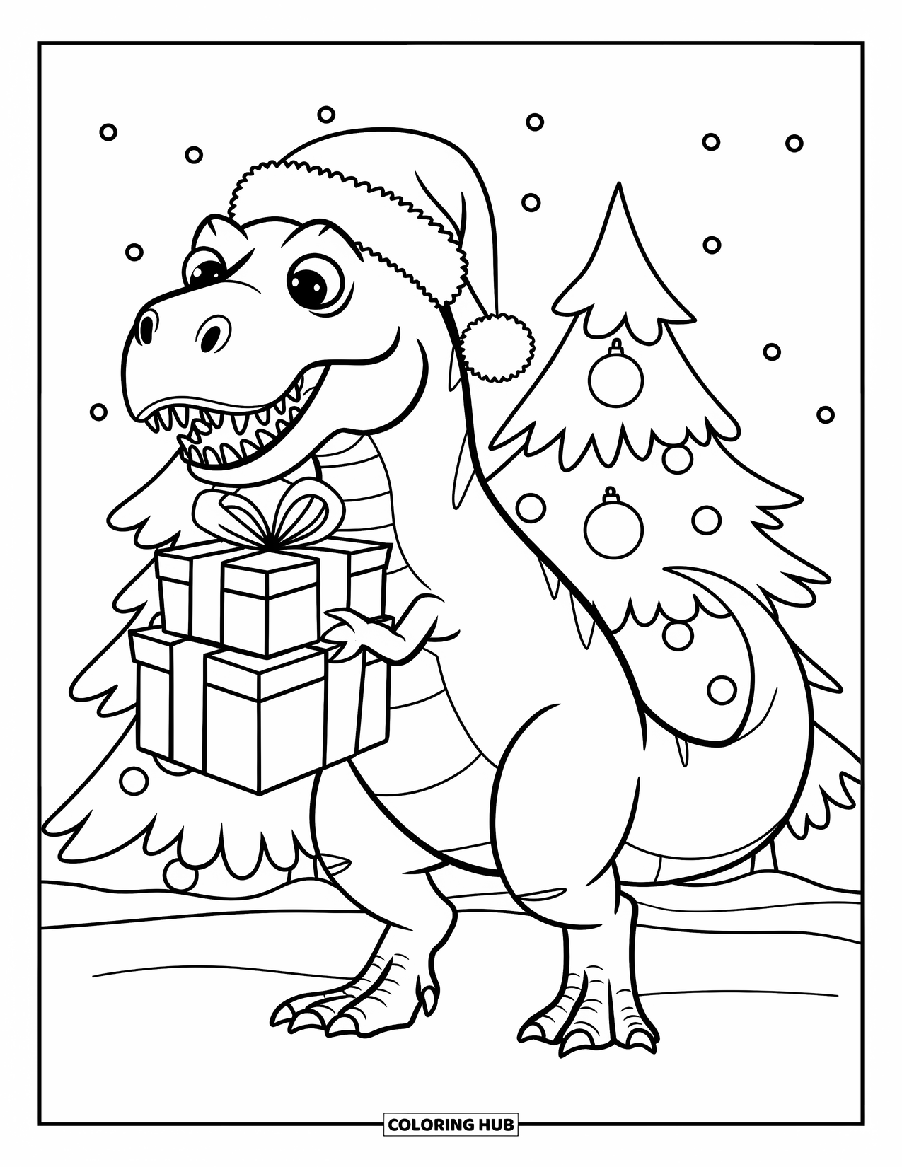 Christmas Dinosaur Coloring Page for Kids: A T-Rex in a Santa hat holding presents in snowy Christmas trees
