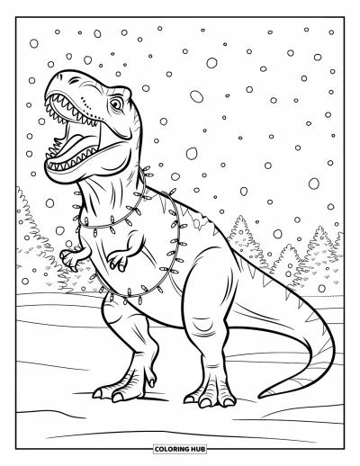 Vánoční omalovánka dinosaura pro děti: T-Rex radostně řve se světýlky ovázanými kolem těla