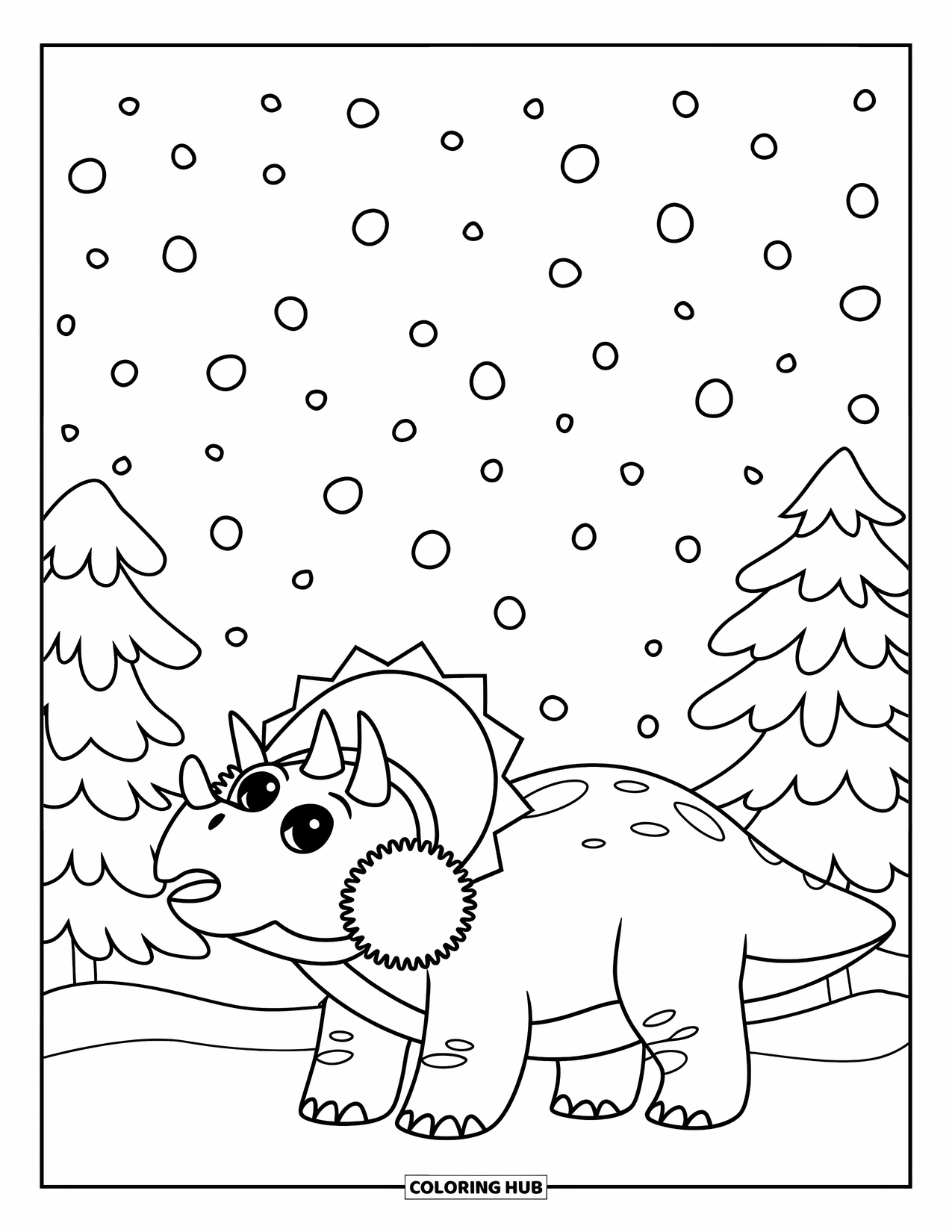 Christmas Dinosaur Coloring Page for Kids: A Triceratops in earmuffs looking up at snow with Christmas trees nearby