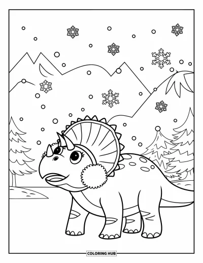 Vánoční omalovánka dinosaura pro děti: Triceratops s chrániči uší sleduje sněžení se zasněženými horami v pozadí