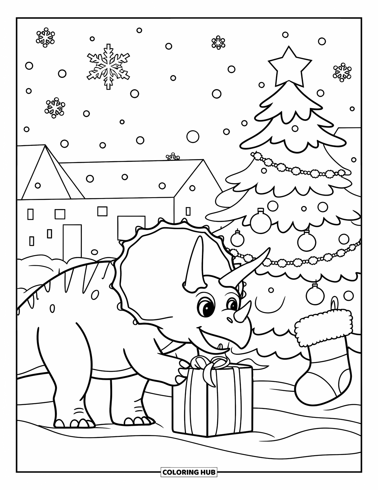 Christmas Dinosaur Coloring Page for Kids: A Triceratops opening a gift under a decorated Christmas tree